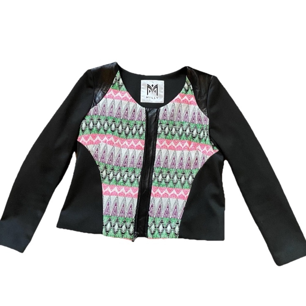 Milly Zip Up Jacket Leather Trim Black and Multicolor Patterned Medium